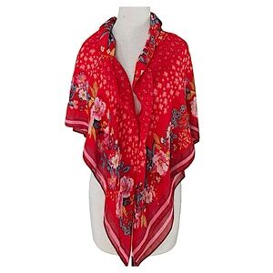 LOFT Red Floral Scarf 48”x48” Square Lightweight